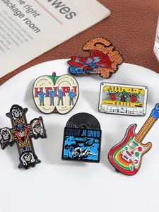 6Pcs Hard Core Vintage Rock Pins, Zinc Alloy Enamel Material, Flame Skull Vinyl Record Guitar Decoration, Band Theme Badge Set