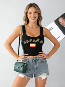 España Retro Tank Top, Spanish Vibe Crop Top for Y2K Girls, American Retro Spain Printed Tank Top, Sporty Fitted Short-Sleeved Top