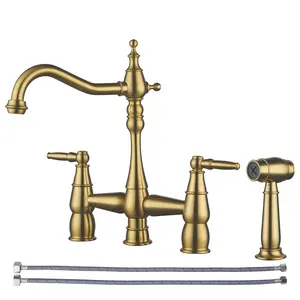 WOWOW 4 Hole Brushed Gold Kitchen Faucet with Side Sprayer, Centerset Bridge Faucet for Sink, Brass, 2 Handles, Deck Mount