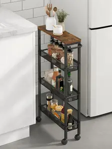 4-Tier Slim Rolling Storage Cart - Narrow Slide-Out Kitchen Organizer with Handle, Metal Mobile Shelving Unit (20 - 25 Kg Capacity) for Home, Office Space-Saving Needs