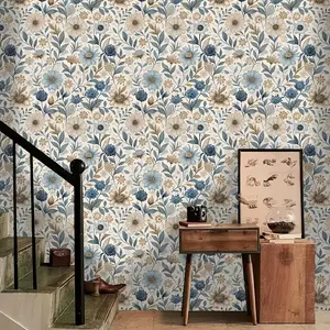 Elegant Blue Floral Peel-and-Stick Wallpaper - Waterproof, Removable Vinyl Contact Paper with French Style Design for Bedroom, Living Room, Cabinets & Furniture Makeover, 44cm/17.32ft Lengths Available, Bedroom Wall Decor