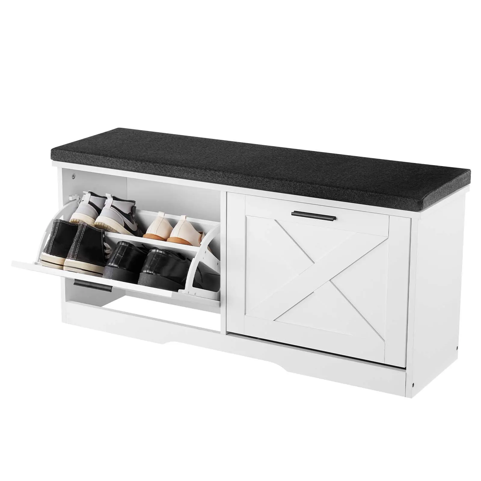 【SummerFinds】VEVOR Entryway Shoe Storage Bench, 39.4 x 12.0 x 18.7 Inch Shoe Organizer with Flip Drawers, 440lbs Narrow Shoes Rack Bench with Cushion & Flip Doors, for Hallway, Living Room, Bedroom, Black + White