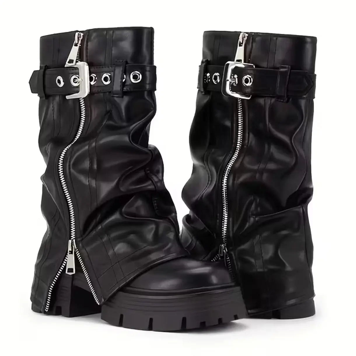 EROCALLI Women's Party Platform Boots - Round Toe, Rubber Sole, Slip On, Belt Buckle, Chunky Heel, Zipper, Above the Ankle But Below the Knee, Edgy Punk Moto Biker Boots, Faux Leather,outdoorfun