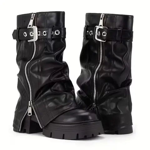 EROCALLI Women's Party Platform Boots - Round Toe, Rubber Sole, Slip On, Belt Buckle, Chunky Heel, Zipper, Above the Ankle But Below the Knee, Edgy Punk Moto Biker Boots, Faux Leather