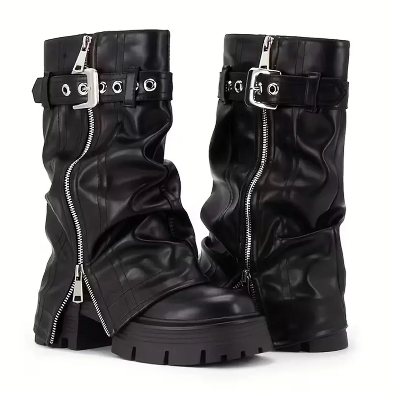 EROCALLI Women's Party Platform Boots - Round Toe, Rubber Sole, Slip On, Belt Buckle, Chunky Heel, Zipper, Above the Ankle But Below the Knee, Edgy Punk Moto Biker Boots, Faux Leather