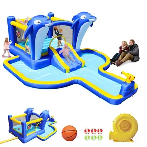 MERSCO 8 in1 Inflatable Slide Water Park Trampoline Bouncing House Outdoor Garden with Dolphin Sprinkler Target Games Water Gun Basketball for Family Fun