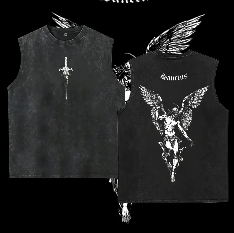 washed vest Sanctus Archangel Vintage Washed Oversized Christian , Holy Sword Cross Faith Graphic , Heavy Cotton Dark Angel Streetwear Top, Unisex Retro Worship  for Believers