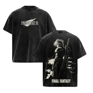 FF7 Cloud Strife Vintage Washed Graphic Tee | Y2K Aesthetic Heavyweight Cotton Oversized Streetwear T-Shirt, Anime Merchandise Casual Top Gift for Men Women Gaming Merch Retro Acid Wash Streetwear Tee