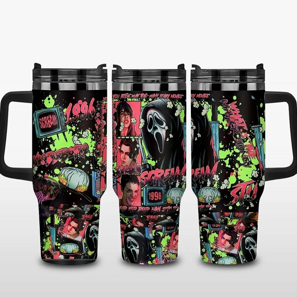 Ghostface Scream 1996 40oz Tumbler with Handle, Horror Movie Collage Stainless Steel Insulated Travel Mug, Ghost Face Slasher Fan Cup, Retro Halloween Drinkware, Spooky Gift for Horror Lovers