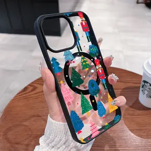 Christmas tree and nutcracker themed phone case with wireless charging support. Macaron magnetic phone case for iPhone 11 to 17 Pro Max, compatible with Galaxy S25, S24 and S23 Ultra.