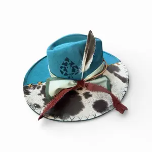 Cowhide Cowgirl Charm Western Hat Turquoise Colored with Cow Print Brim Burned Longhorn Heart Design Adjustable Inner Band One Size Fits Most