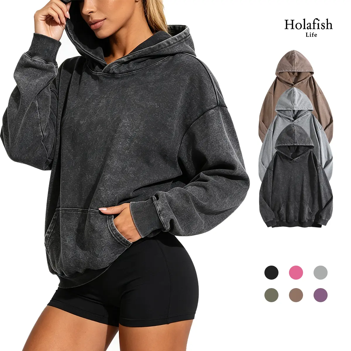 Holafish Unisex Oversized Acid Wash Hoodie Vintage Streetwear Pullover with Kangaroo Pocket Ribbed Cuffs Casual Minimalist Basic Top for Men Women Daily Wear Gift For Back To School