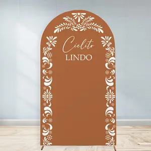 Mexican Baby Shower Party Arch Backdrop Cover 7.2ft Talavera Terracotta Style Stretchy Fitted Fabric Brown Boy Girl Arched Chiara Wall Photo Background Welcome Sign 4x7.2ft 7ft 6ft 6.6ft Banners Print