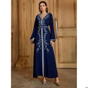 | LayrahPlantEmbroideredContrastTapeBeltedKaftanJalabiyaModestLongSleeveArabianDress ElegantLuxuryEveningParty u00a0Style