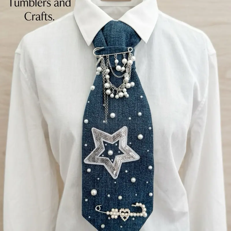 Special Edition Handmade Denim Statement Tie – Pearl & Rhinestone Star