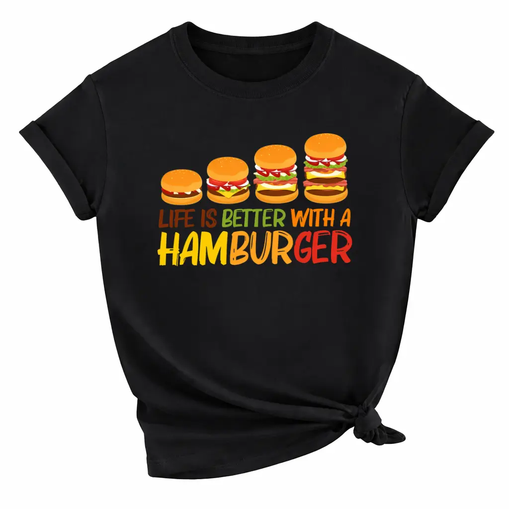 Men's Classic Funny Hamburger Print Cotton Fabric T-Shirt, Round Neck Short-Sleeve Streetwear Apparel, Casual Sports Daily Wear Gift, Shortsleeve, Top, Gym, Menswear, Soft, Vintage