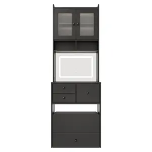 3 in 1 Vanity Desk with LED Light, Tall Makeup Vanity Set with 2 AC Outlets & USB-c, Dressing Table with Drawers & Acrylic Doors, Nightstand Vanity Mirror, Jewelry Box, Cushioned Chair