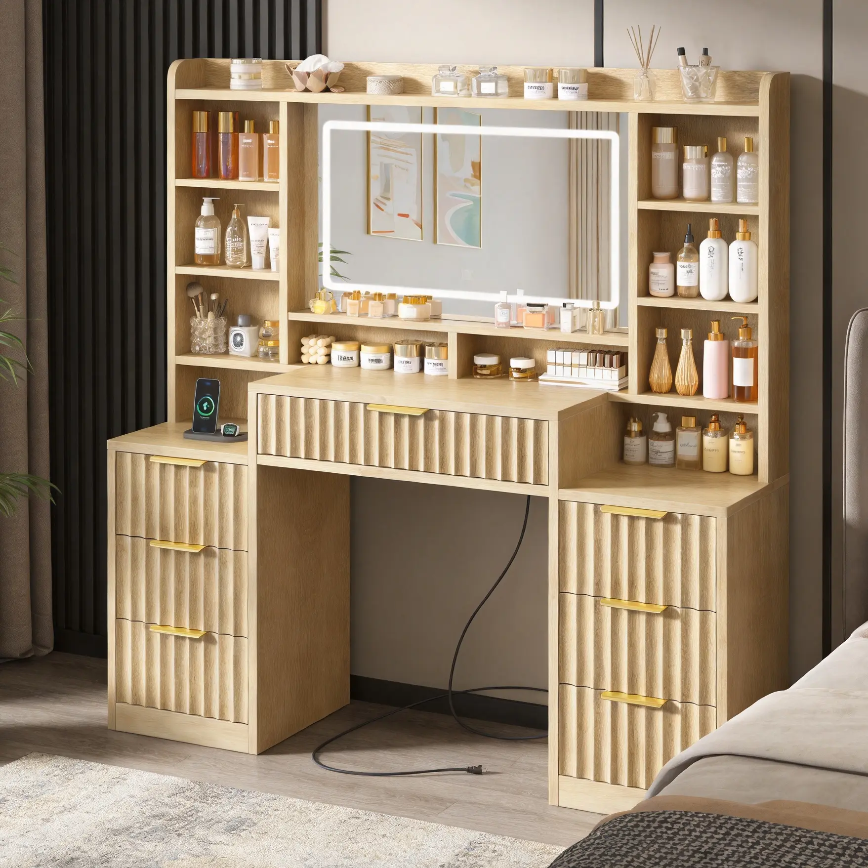 Contemporary Oak Wood Vanity with Mirror - Rectangular Adjustable LED Light Makeup Vanity, Power Outlet, 7 Drawers, Fluted Fronts, 3 Color Lighting Modes, Open Storage Shelves, Large Bedroom Dressing Table familyfun