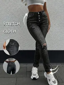 Women's High Waisted Stretch Butt Lifting Ripped Distressed Button Fly Skinny Denim Jeans Fit, Casual Streetwear for Daily Wear, All Season