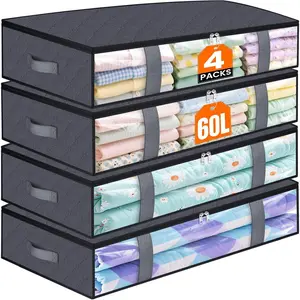 TasticTotes Under Bed Storage Containers, 4 Pack Blanket Storage Bags, Collapsible Storage Bags with Big Zippers, Clear Front, Shoe Storage and Organization for Clothes, Comforter, 60L, Grey