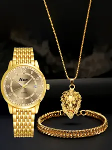 Men's Quartz Watch Set with Lion Head Pendant Necklace & Textured Bracelet, Casual Style, All Seasons, Analog Display, Zinc Alloy Material