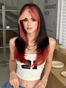 24 Inch BlackHighlight Orange and peach Long Straight Wigs for Women, Gorgeous Fluffy Wigs, Synthetic Full Machine Wigs for Party, Daily Use, Glueless Straight Wig