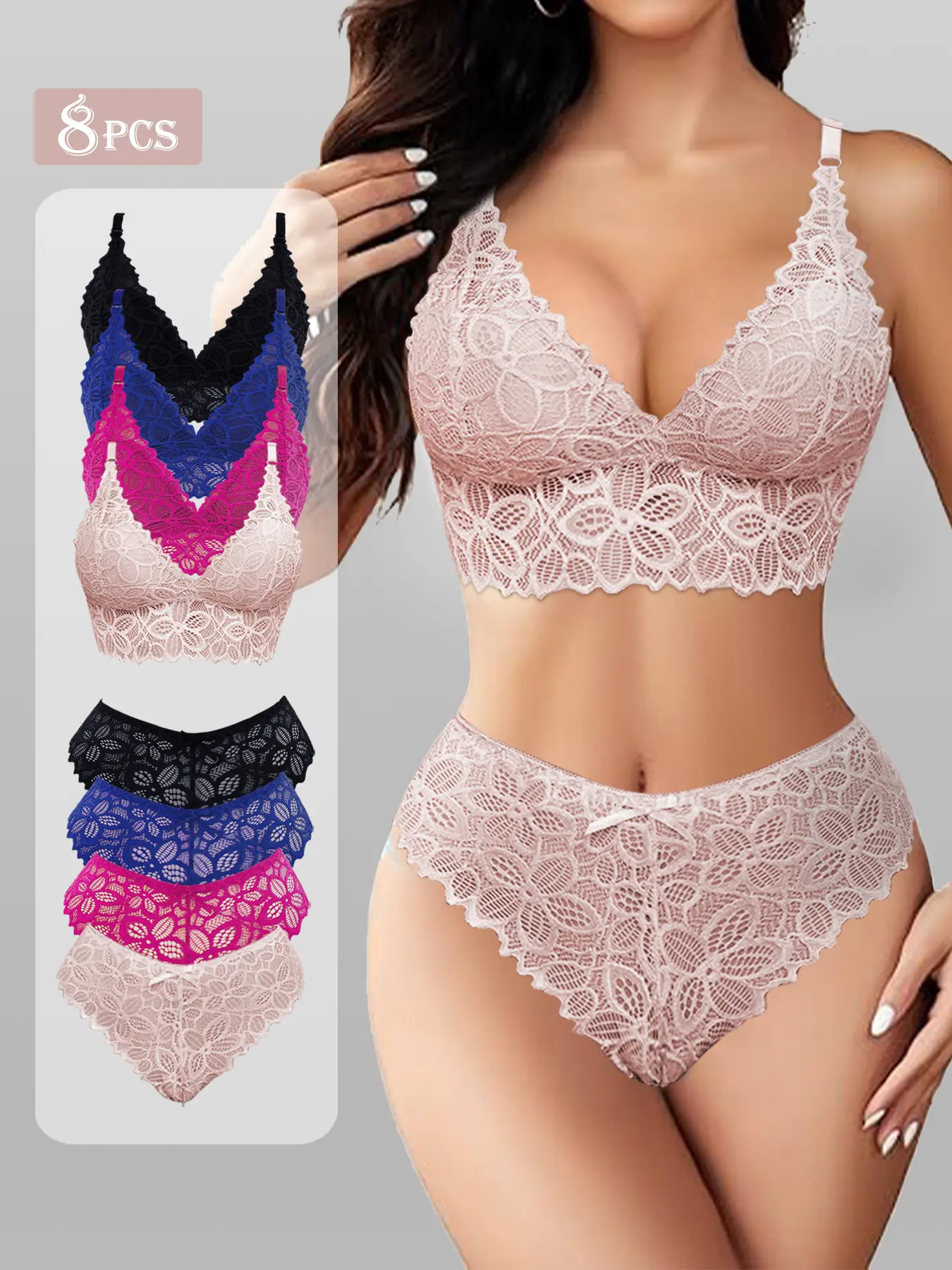 Elegant 8-Piece Lace Underwear Set for Women Wireless Lace Bralette with Pads & Mid-Waist Briefs Soft Breathable Full Coverage All-Season All-Occasion Wear S-XXL