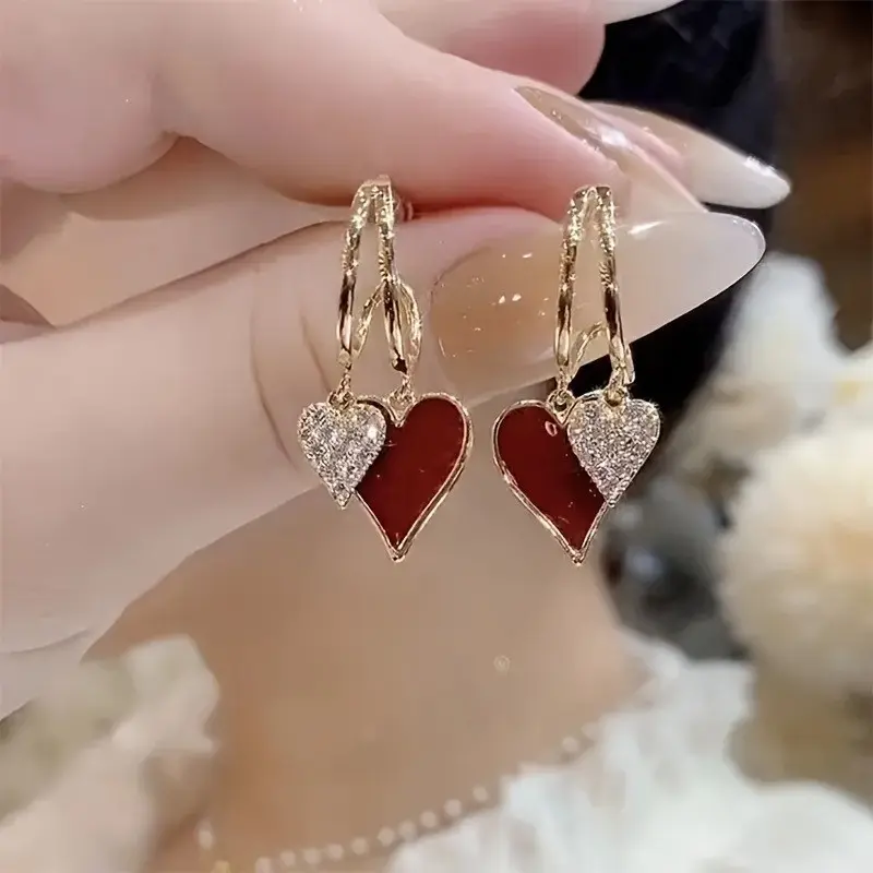 Elegant Red Heart Drop Earrings for Women, 1 Pair of Alloy Jewelry for Daily Wear, Birthday Gift, 1 Pair Heart Earring, Fashion, Female, Alloy Metal, Drop Hook, Everyday, Heart Shaped Earrings, Pair Pack
