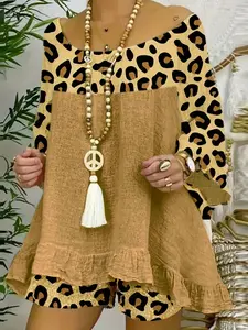 Women's Plus Size Leopard Print Lounge 2 Piece Set Casual Shirt & Shorts Suit Breathable Fabric Elastic Waist Loose Fit Button Down Shirt Comfortable Home Wear Adjustable Flowy Style - Clothes