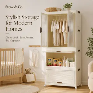 Organizador con heavy-duty Portable Wardrobe Closet for Clothes,American-Style Cream White Clothes Dresser & Closet Organizer, Magnetic Door Storage Cabinet with 4 Cubes, Hanging Rod, 10 Hangers,Quick-Assembly Wardrobe for Bedroom,Nursery,Dorm & Apartment