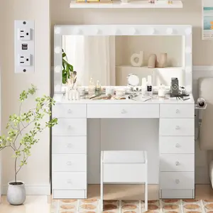 Vanity with 10x Magnifying Mirror, Glass Top & Power Outlet, 3 Color Light Options, 46" Vanity Table with 11 Drawers&Stool for Bedroom, White