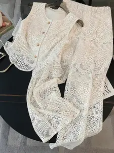 Plus Size Women's Sleeveless Round Neck Hollow Out Fitted Cardigan Knitwear Set, Spring Summer Fashion, Casual Daily Wear, Two-Piece