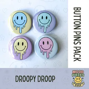 Droopy Droop Button 4 Pin Pack | Cute 1.25 Inch Metal Back Pins | Melting Smiley Face Buttons | Pastel Kawaii Retro Pins for Collectors