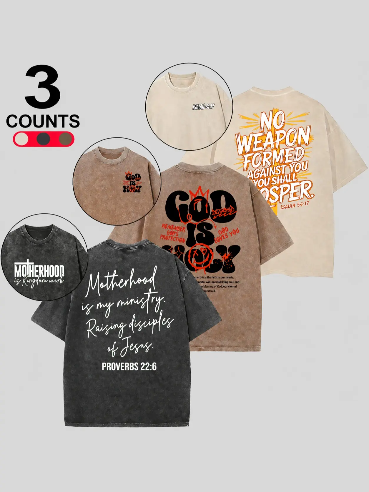 3 PACK Vintage Acid Wash Bible Verse Faith Oversized Graphic Tee - 3-Design Scripture Tee Collection for Christian Moms & Youth Believers - Unisex 100% Cotton Crewneck with Dual-Sided Graphics & Mini Verse Logo