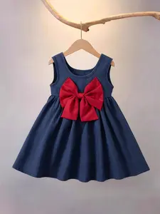 Girls' Summer Sleeveless Dress, Deep Blue & Options, Colorblock Bow Front, Round Neck A-Line Skirt, Sweet Casual Style, 3-8 Years