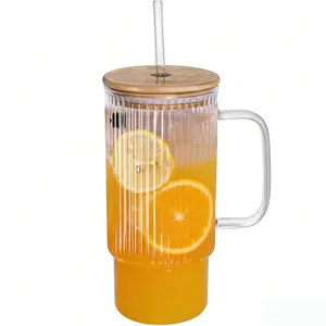 32oz Glass Mug with Handle and Bamboo Lid, Aesthetic Ribbed Tumbler for Iced Coffee, Smoothies & Hot Drinks, Reusable Travel Cup with Straw, Dishwasher Safe