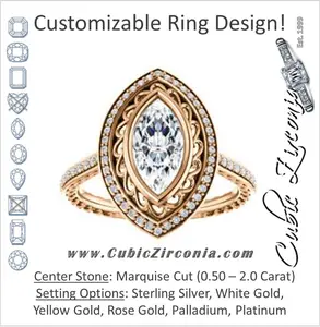 Cubic Zirconia Engagement Ring- The Sydney Ava (Customizable Cathedral-Bezel Marquise Cut Filigreed Design with Halo & Pavé Accents)