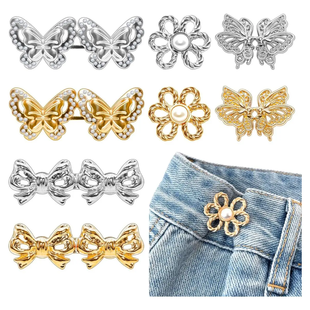 8 Sets Adjustable Pant Waist Tightener – Detachable Jean Waist Buttons with Crystal Design