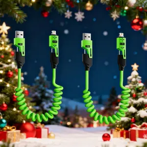 Buy one get one free! 4-in-1 spring fast charging cable -65W USB-C PD multi device fast charging, 1.2m/4ft coil extension cable, compatible with iPhone, Samsung, and laptops (green)