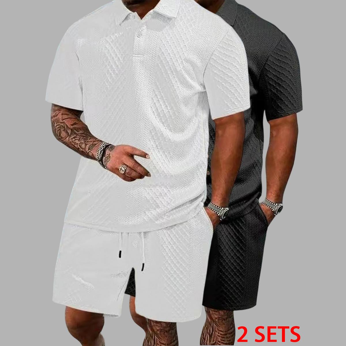 Men's summer casual texture fabric solid color polo shirt T-shirt shorts 2-piece set, loose fit suitable for casual sports, breathable and cool, essential summer outfit, comfortable and versatile  Menswear Plain, Shortsleeve, 1 Set (Dark Blue)
