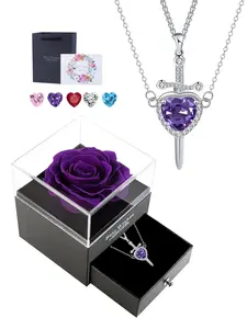 2PCS/Set Heart Sword Pendant Necklace With Rose Jewelry Box, Trendy Dainty Couple Necklace Set, Valentine's Day Birthday Christmas Exquisite Jewelry Gift for Girlfriend Boyfriend