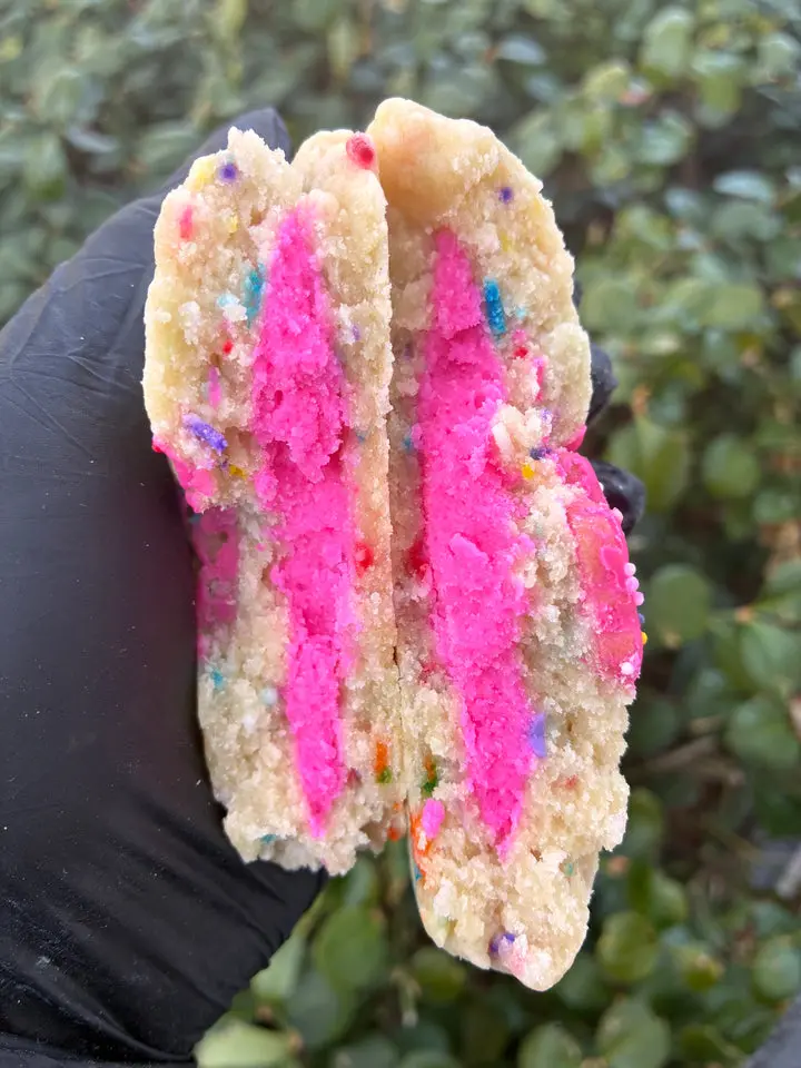 Party Animal Stuffed Sugar Cookie - Thick Soft Vanilla Sugar Cookie with Rainbow Sprinkles & Creamy Pink Filling - Perfect for Birthdays Treat Boxes Gifts Celebrations sweet snack candy trending