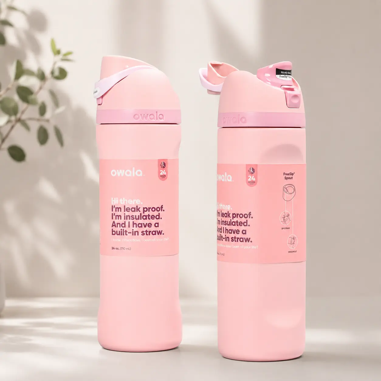 Owala FreeSip 24oz Insulated Stainless Steel Water Bottle, Pink, Leak-Proof with Built-In Straw