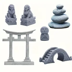 6pcs Mini Zen Garden Accessories, Miniature Garden Bridge Foo Dogs Torii Gate Sandstone Figurines Meditation Zen Decor Japanese Fish Tank Terrarium Decorations Plant Pots Bonsai Craft Decor