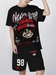 Boys Hip Hop Cartoon Print Star Set, Cool Short Sleeve Shorts Two-Piece Set, Casual Loose-Fitting, Summer Fashion