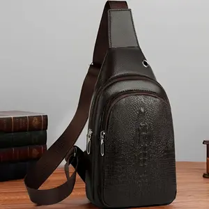 Men's Fashionable Black PU Leather Sling Bag - Large Capacity Lightweight Crossbody Chest Bag with Embossed Design and External Headphone Hole, Suitable for Casual Outings, Crossbody Bag