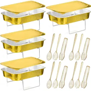 4 Sets Disposable Chafing Dishes Buffet Set Chafer Wire Racks Buffet Stand Kit Dish Serving Trays Food Warmer Catering Supplies Included Serving Utensils and Stand (Large)