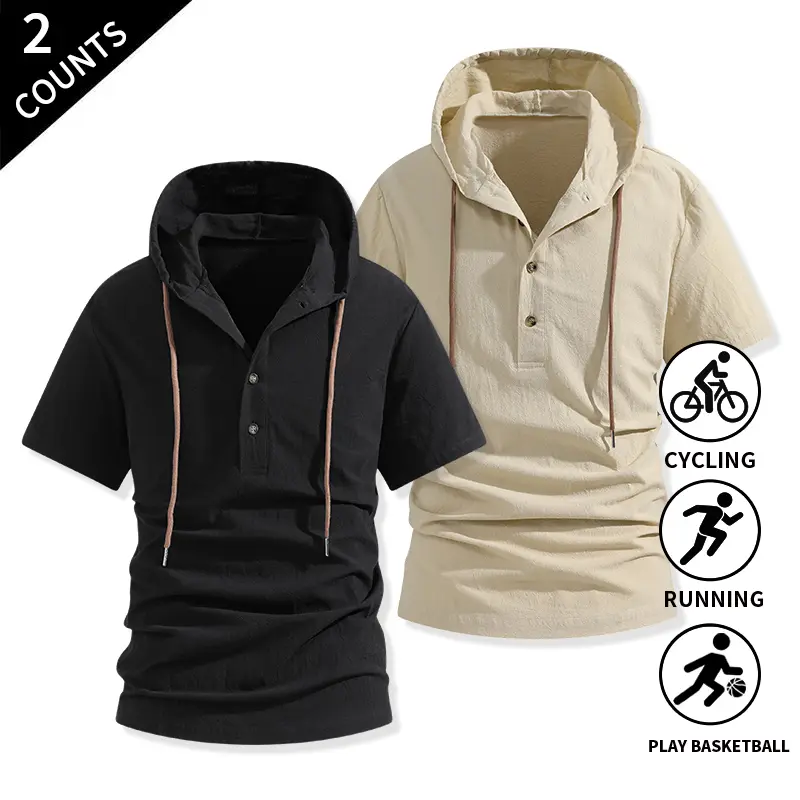 2-Pack Vintage Drawstring Hood Short Sleeve Henley Tops for Men, Loose Fit, Hip Hop Street Polo Shirts, All-Season Athletic Workout Shirts
