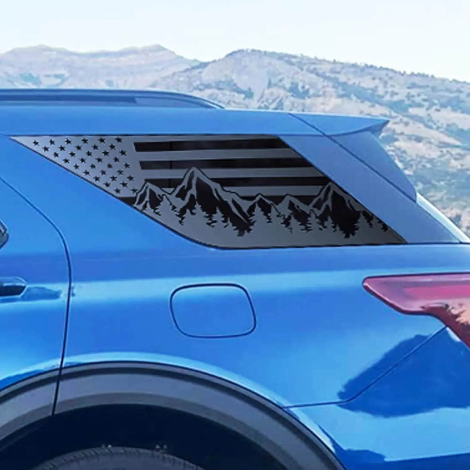 for Ford Explorer 20-23 Rear Middle Window Mountain American Flag Decal, Matte Black American Flag Decal, USA Flag Decal