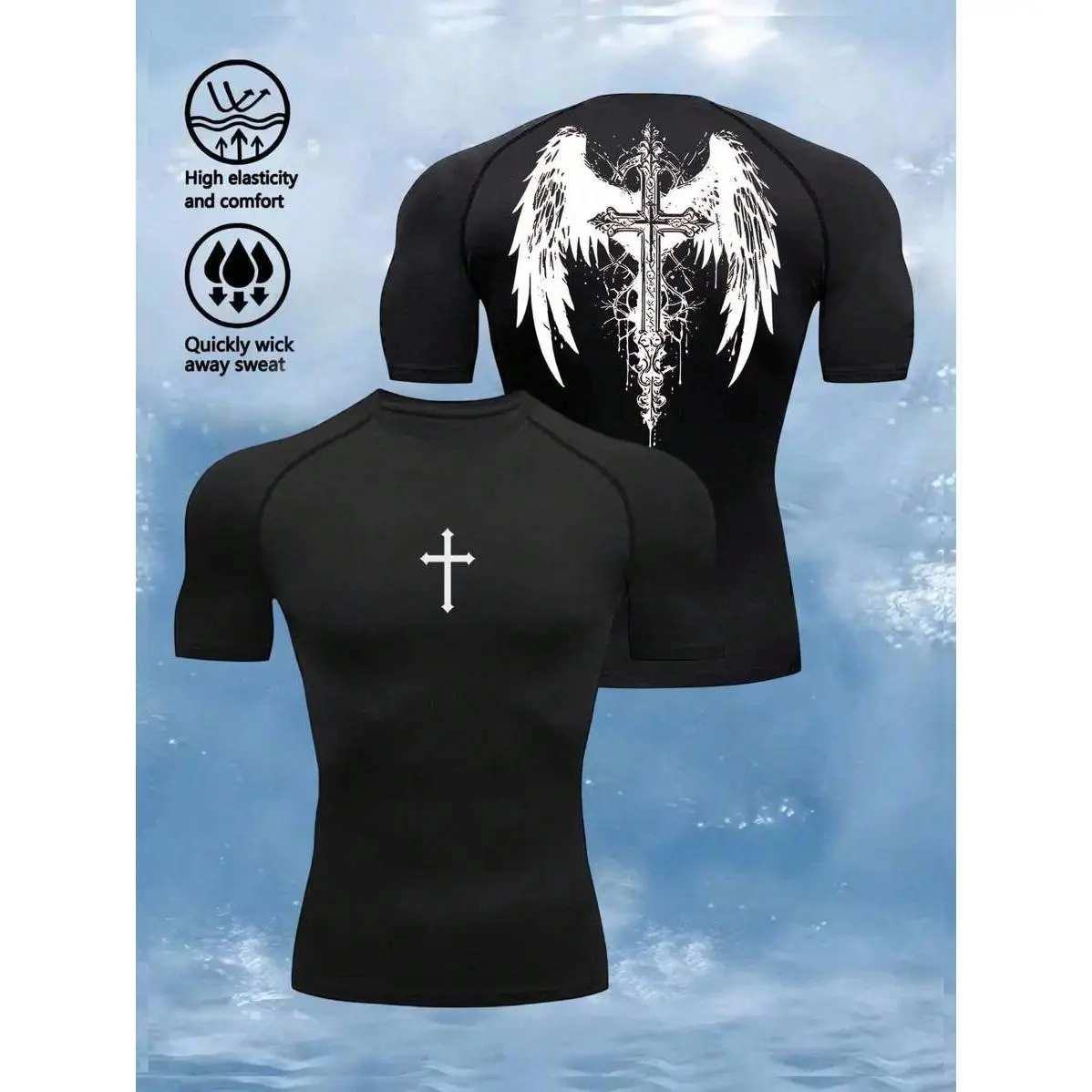 Manfinity Sport Corelite Men's Wing & Cross Print Compression Tight Fit Short Sleeve Sports T-Shirt Workout Tops Gym Top Compression Shirt Breathable Fitted Shirt Crew Neck